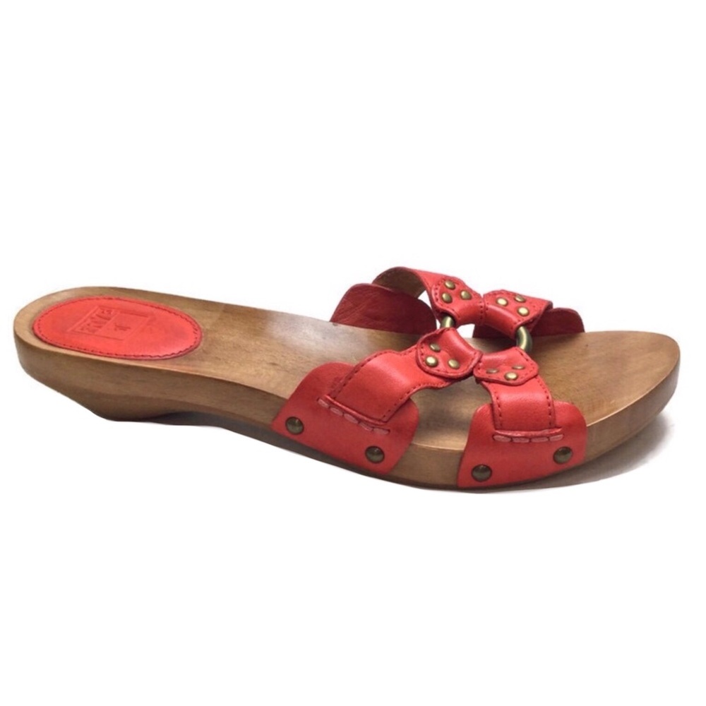 Frye Ellie Ring Harness Coral Leather Slight Wedge Wooden Insole Sandals Size 10